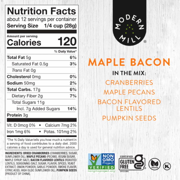 modern-mill-maple-bacon-pdp-nfp Modern Mill Maple Bacon Salad Topper Nutrition Facts Panel and ingredients