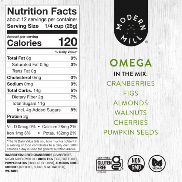 modern-mill-omega-pdp-nfp Modern Mill Omega Salad Topper Nutrition Facts Panel and ingredients